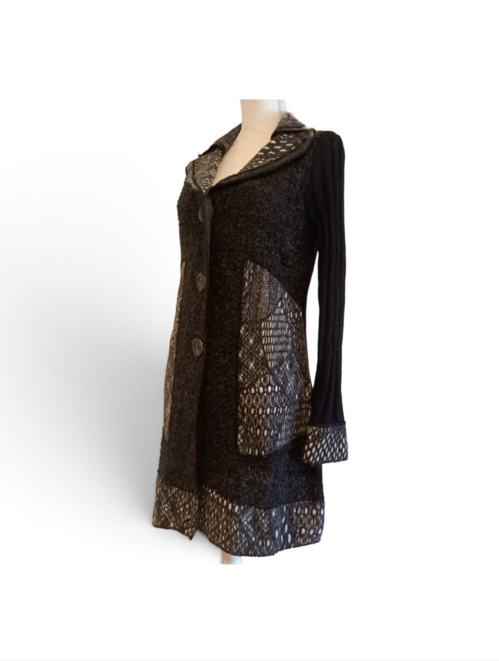 Sioni Black and White Contemporary Wool Blend Button Down Cardigan. Medium - Picture 4 of 9